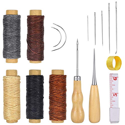 JIELUO 16 Piezas Juego de Herramientas de Costura de Cuero - Herramienta de Artesanía de Cuero Accesorios de Costura de Bricolaje con 5 Rollo 50m 150D Hilo de Coser de Cuero Encerado
