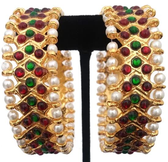 GenericDreams@Traditional Indian bangles for dances and wedding Simple Elegant Red and Green kemp stone with Pearls Bangles