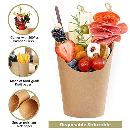 Yestoo Kraft Charcuterie Cups With Bamboo Cocktail Picks Set,200 Picks + 40 Cups 14Oz, Disposable French Fries Cups, Appetizer Snack Cups #TOP2