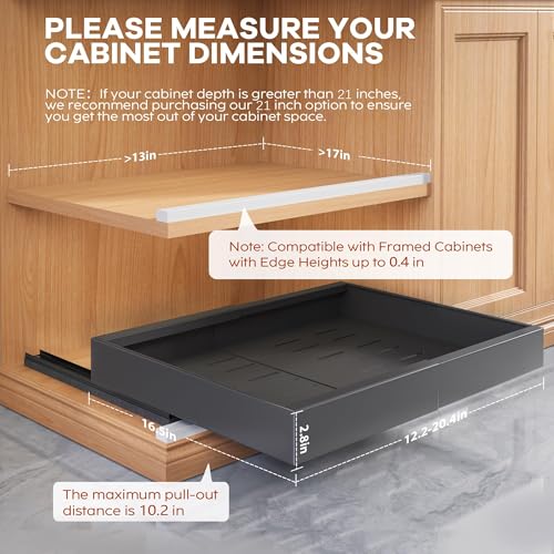 2 Pack Expandable Pull Out Cabinet Organizer 16.5"Deep With Raising Pad for Framed Cabinets,Upgrade 3 Slide Rails Slide Out Drawers,No Drill Roll Out Shelves,Adjustable Width 12.2"-20.4"Black