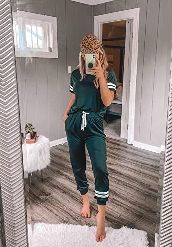 Image of PRETTYGARDEN Women's Two Piece Outfits Striped Short Sleeve Pullover and Long Pants Tracksuit Pajama Lounge Jogger Sets