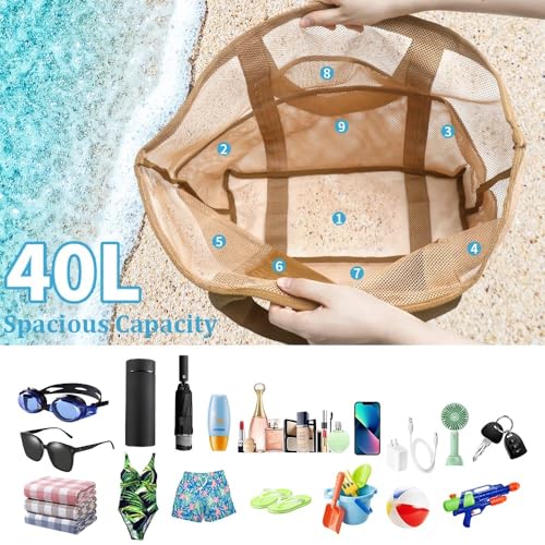 Outdoor Leisure Mesh Beach Bag, Large Capacity Polyester Hand Tote with Multi Pocket Design for Toys and Accessories Storage ﻿4
