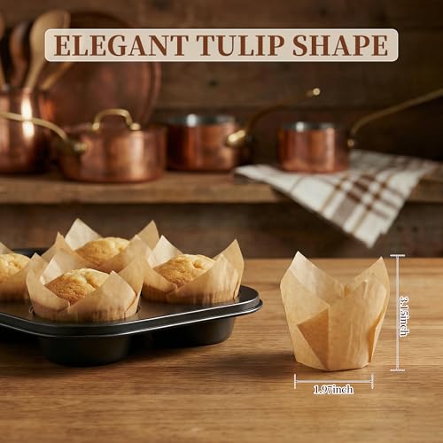 Image of KORCCI 200pcs Tulip Cupcake Liners,Greaseproof & Sturdy Muffin Liners, Unbleached Parchment Baking Cups, Easy Release Natural Cupcake Wrappers for Baking, Party, Wedding & Christmas