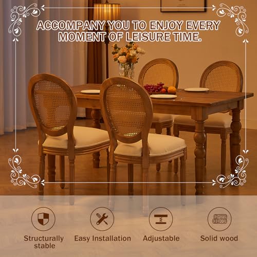 Image of Virabit French Dining Chairs Set of 4, Hand-Woven Rattan Farmhouse Upholstered Dining Chairs with Curved Backrest and Beautifully Carved Solid Wood Frame for Living Room, Kitchen, Restaurant