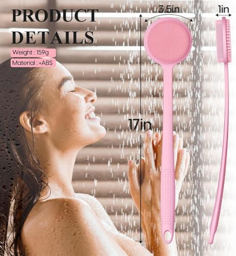 Image of Silicone Bath Brush with Long Handle - Soft Bristles Back Scrubber for Shower | Body Massage - Exfoliating Dirt Removal Brush for Men | Women (Pink)