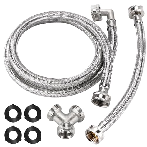4Ft Steam Dryer Hose Kit by Puxyblue Includes 4Ft Braided Stainless Steel hose with 90 Degree Elbow 1Ft Inlet Adapter Hose Y-connector - Burst Proof Line Fit for All Steam Dryers