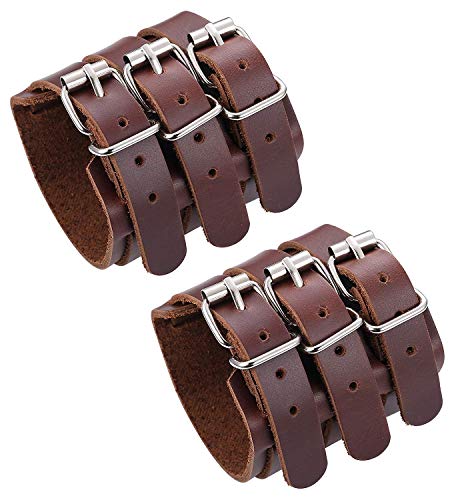 LOLIAS 2 PCS Bracelet Cuir Véritable pour Hommes Femmes Triple Sangle Large Bracelet Manchette Wrap Gauntlet Bracelet Fixation Bras Armure Ceinture Unisexe Couple,Noir/Brun