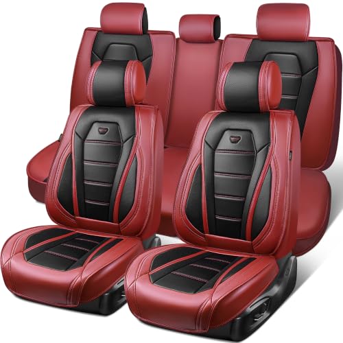 Image of CAR PASS Nappa Leather Car Seat Covers Full Set Faux Leather, Black Red | Luxury Nappa Leather,360 Full Protection,Water resistant,3D Foam Comfort,Universal Fit for Most Cars SUV Truck,Scratch proof