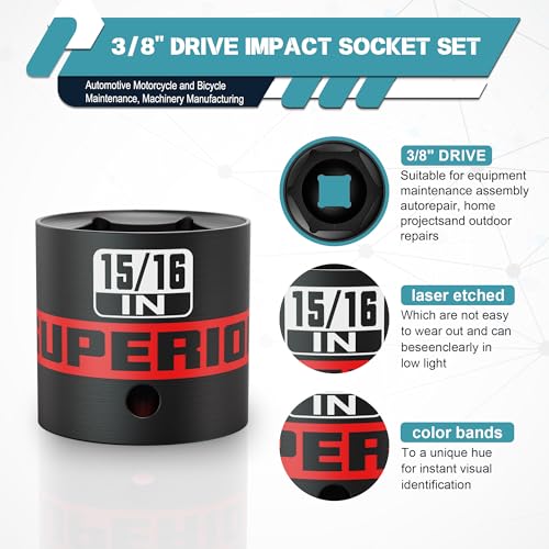 Image of 12 Piece 3 /8 inch Drive Impact Socket Set, 5 /16 inch - 1 inch Shallow Socket, SAE, 6 Point, CR-V, Automotive Motorcycle and Bicycle Maintenance, Machinery Manufacturing