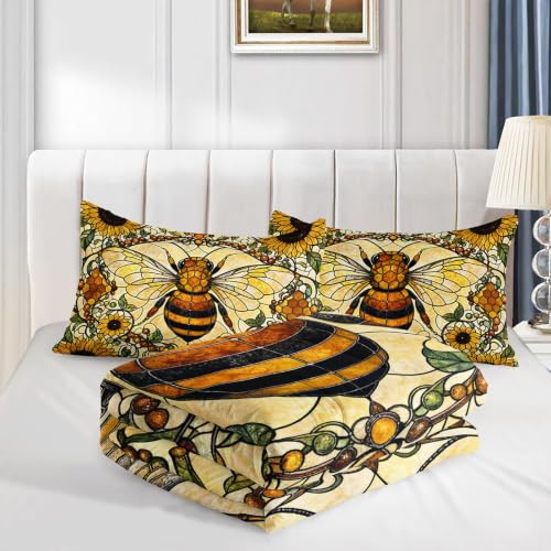 Image of AILONEN Full Comforter Set 3 Piece, Honey Bee Sunflower 3D Printed Bedding with 2 Pillowcases, Soft Breathable Microfiber Farmhouse Decor for Guest Room