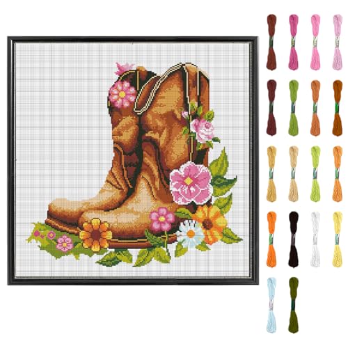 Image of FREEBLOSS DIY Cross Stitch Wall Hanging Kit Boots Full of Flowers Stamped Cross Stitch Wall Painting Retro Style Cross Stitch Home Wall Art Cross Stitch Starter Kit for Beginners with Instruction