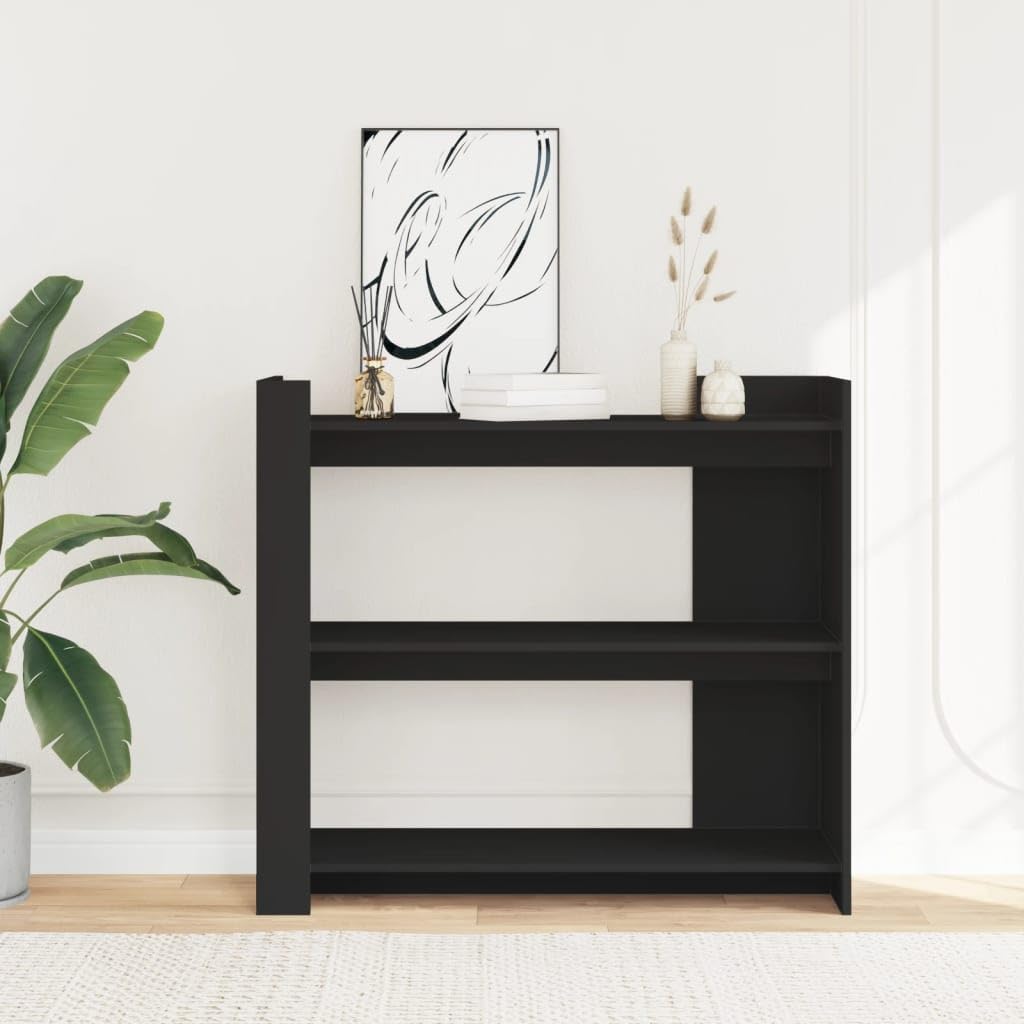 Mesa consola clásica negra de madera multicapa 100 x 35 x 90 cm con estantes, mueble de almacenamiento resistente a la humedad para salón, amplio espacio de exposición