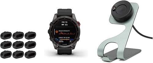 Garmin Fenix 7S - Reloj inteligente solar gris pizarra banda negra con soporte de cargador portátil y protectores de puerto de carga paquete de 9 3