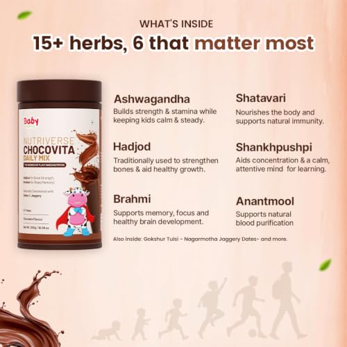 Image of BabyOrgano Chocolate Milk Mix for Kids 2+ Years | With Ashwagandha, Brahmi & 15+ Ayurvedic Herbs | Protein & Calcium | No Refined Sugar, No Maida | Supports Memory, Bone Strength & Immunity | Preservative-Free (Pack of 1)