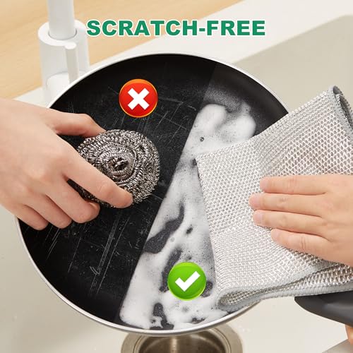 Image of JOYMOOP Multipurpose Non-Scratch Silver Fiber Dishwashing Cloths, Reusable Cleaning Rags, Scrubbing Pads for Dishes, Glass, Stainless Steel - 5 Pack