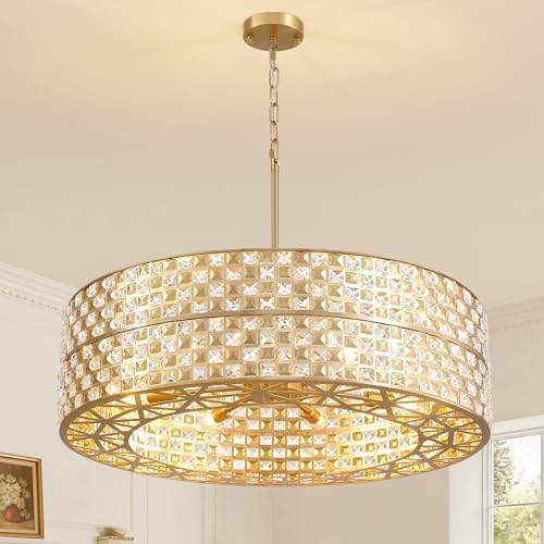 30inch Gold Crystal Chandelier, 2-Tier Round Drum, 8-Light