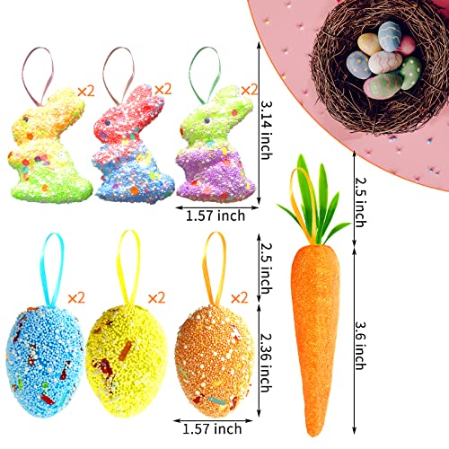 18Pcs Easter Egg Ornaments And Carrot Hanging Ornaments Colorful Foam Easter Hanging Rabbit Ornaments Premium Foam Glitter Artificial Carrots Easter Tree Decorations Home Party Diy Crafts #TOP1
