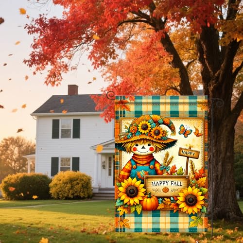 Image of Nuxovilar 12x18 inch Plaid Scarecrow Fall Garden Flag