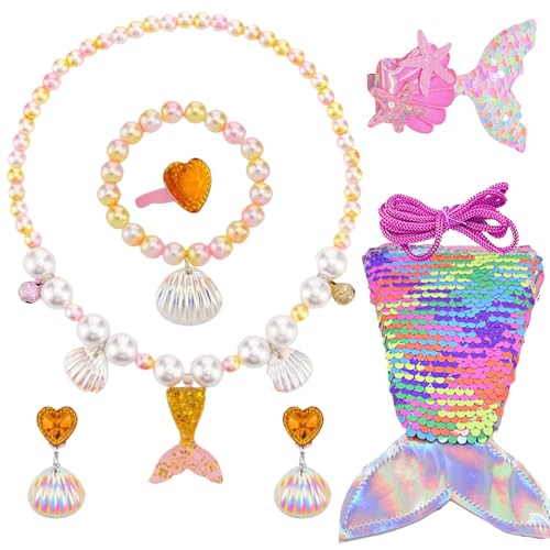 AUNGKWANG 7 Piezas Juego de Joyas de Sirena, Disfraz Sirenita Niña, Diseño Sirena Pequeña, Collar, Pendientes, Pulseras, Anillos, Conjuntos de Joyas Para Niñas a Partir de 3 Años