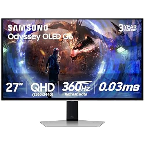 Samsung 27” Odyssey OLED G6 (G60SD) Series Gaming Monitor with QHD & QD-OLED, 360Hz 0.03ms, AMD FreeSync Premium Pro, Anti-Glare, Sleek Design, Cooling System, 3 Year Warranty, LS27DG602SNXZA