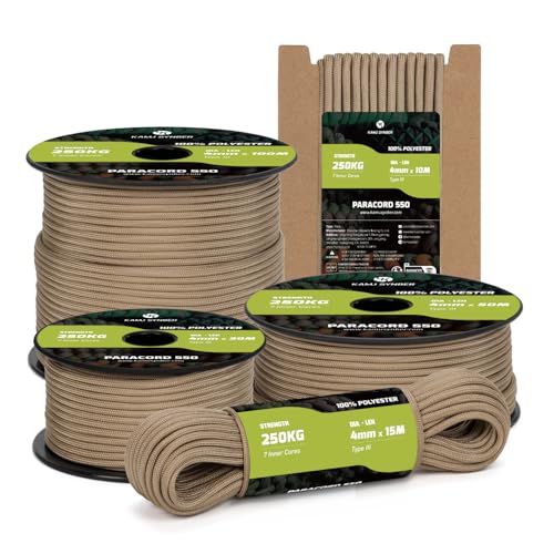 Kamu Synber Paracord 550 Typ III 4mm 50m 7 Stränge Schnur 100% Polyester Seil für Basteln, Outdoor, Survival | Tragkraft 250kg | Bräunen