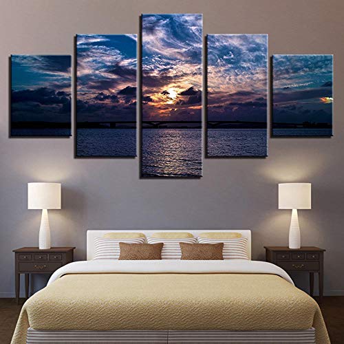 Cuadros de salon modernos de 5 piezas con olas de atardecer para decoracion de pared de hogar 2