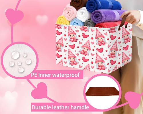 Image of Valentines Day Basket for Kids Heart Shaped Empty Storage Bins for Gifts with Handles Room Decor (Pink Girl Gnome Hug Love)