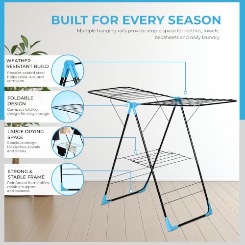 Image of FLIPZON AeroDry Pro Foldable Clothes Drying Stand | Heavy Duty Laundry Drying Rack with Expandable Wings | Rust Resistant | Space Saving Indoor & Outdoor | Black & Blue