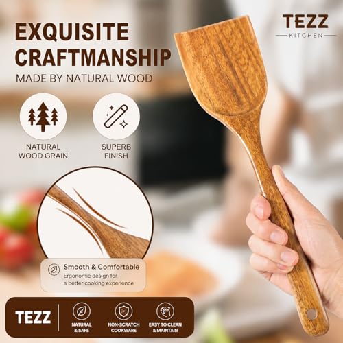 Image of Wooden Spatulas, 2 PCs Natural Acacia Wooden Cooking Utensils Set for Non-stick Pan Kitchen Tool, flipping and Wok Spatula, Wooden Spoons & Spurtle for Cooking