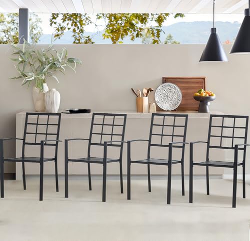 Puntogen Patio Outdoor Dining Chairs Set of 4, Rust-Resistant Black Metal Chairs - Stackable Bistro Chair with Armrest, Weatherproof Wrought Iron Chair, 300 lbs Load for Garden Backyard Porch Lawn