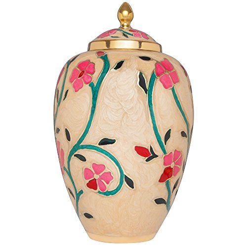Liliane Memorials White Cremation Urn with Colorful Flowers - Funeral Urns Human Ashes - Brass Metal - Suitable for Cemetery Burial or Niche - Large Size fits Remains of Adults up to 200 lbs - Fleur