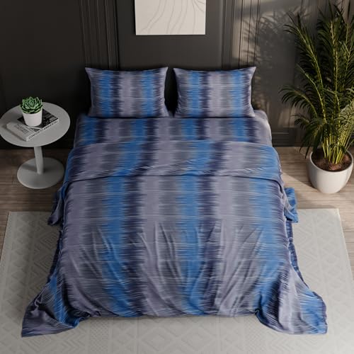 Image of BLISSHOME Everlast 150TC King Size Printed Bedsheet with 2 Pillow Covers for Double Bed, Aesthetic Bedding, Wrinkle Resistant, 100+ Wash Durable, Quick Dry, Geometric Pattern - Blue (228cm x 274cm)