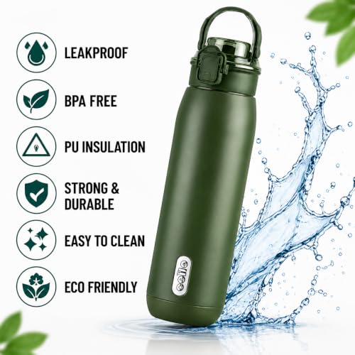 Image of CELLO Puro Steel-X Flint 900 Insulated Water Bottle 650 ml, Military Green | Easy Press Open Flip Top, Easy to Carry with Handle Leak Proof Inner Steel Water Bottle for School Kids, Office Gym Travel