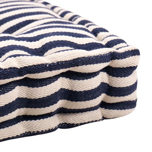 Image of Woven Quilted Floor Cushion Set 40x40x8 CM Navy Stripe with Fillers & Back Cushion, Large Size for Seating, Patio Seat, Meditation, Yoga, Pooja, Guests, Living 16x16x4 Inch