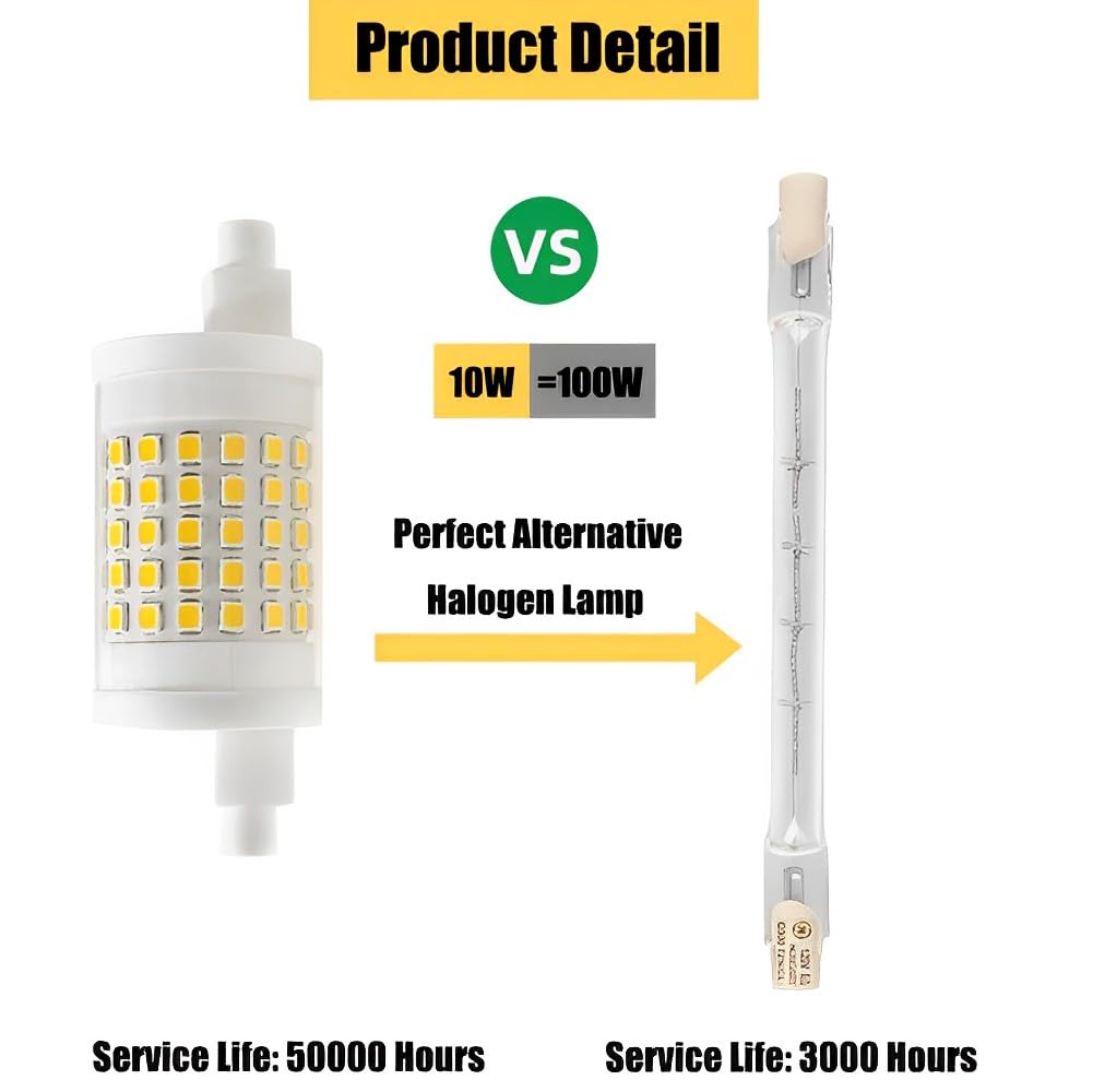 10W 1000LM R7S 78MM Bombillas LED de cerámica AC 85-265V R7S Base 100W Bombilla halógena de tungsteno Bombillas de Repuesto para iluminación de Taller Lámparas de pie (Paquete de 10)