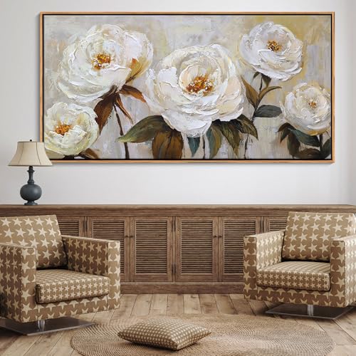 Image of Flower Canvas Wall Art Textured Floral Picture Wall Decor White Large Elegant Painting for Living Room Modern Artwork for Home Decor Pictures for Bedroom Wall Decor 29x58IN