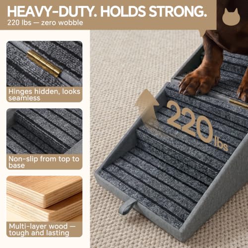 Image of Luciphia 2-in-1 Wooden Pet Stairs & Ottoman 17 inch H Foldable Dog Ramp with Solid Wood Frame & Tech Cloth Surface Pet Footstool Steps with Non-Slip Surface for Puppy Senior Injured Dogs Couch Bed