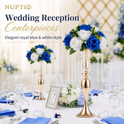 Image of NUPTIO Flower Balls Centerpieces for Tables: Royal Blue White Fake Roses