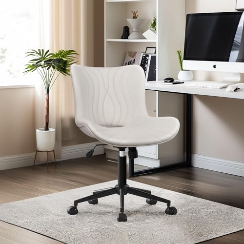 Image of Armless Office Chair, Height Adjustable Desk Chair with Wheels, Ergonomic Comfy 360 Swivel Home Office Computer Task Chair, Faux Leather Padded Cute Vanity Chair, White