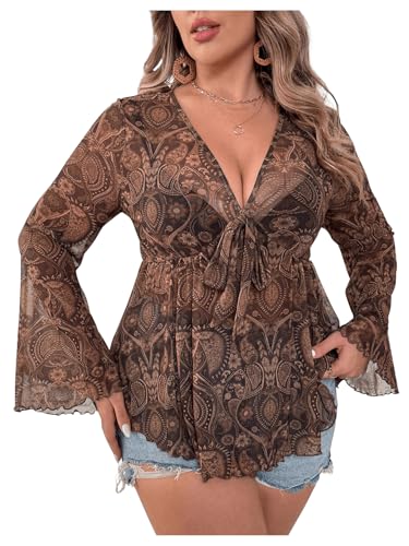 GORGLITTER Women's Plus Size Mesh Bell Sleeve Top 70s Tie
