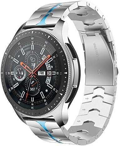 RABUZI Compatible for Samsung Galaxy Watch 3 45mm/46mm bands,22mm Enamel Process Stainless Steel Metal Watch Strap Compatible Samsung Watch 3 45mm,Gear S3 Frontier/Classic Smartwatch,Silver+Blue