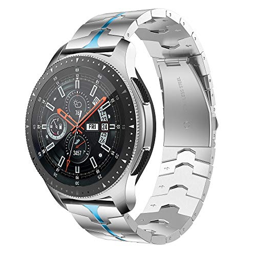 Rabuzi Compatible For Samsung Galaxy Watch 3 45Mm/46Mm Bands,22Mm Enamel Process Stainless Steel Metal Watch Strap Compatible Samsung Watch 3 45Mm,Gear S3 Frontier/Classic Smartwatch,Silver+Blue #TOP2