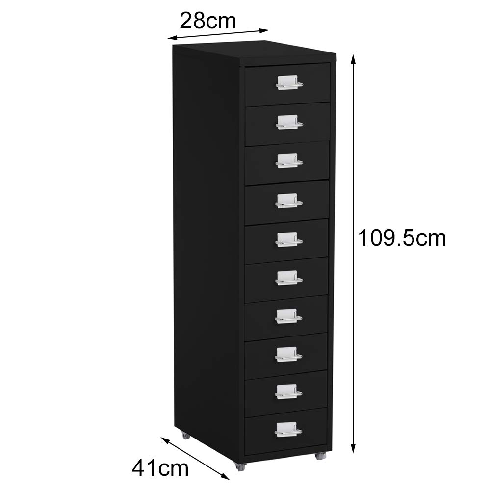 Rolling le Archiviatore con 10 Ders, Documenti in Metallo Sto su Ruote, Cartella per Ufficio per Casa e Ufficio, Nero, 28 cm x 41 cm x 109,5 cm