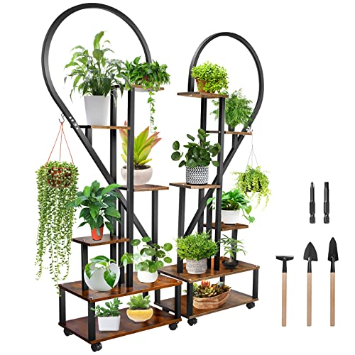 Seeutek Metal Plant Stand Indoor with Wheels, 2 pcs Half Heart Shape Plant Shelf Holder, 6 Tier Tall Plant Stand for Indoor Plants Multiple Plant Rack for Home Decor, Balcony, Patio, Garden