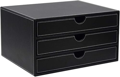 VUIKLCty File Cabinets Filing Cabinets For Home 3 Drawer Desktop Leather File Classification Data Storage Box 33.5X25.5X18Cm Bookcase(Schwarz)