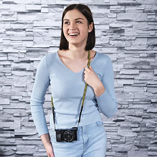 Hama Kameragurt mit Schnellverschluss (Tragegurt geflochten, Nackengurt 120 cm L&auml;nge, Nylon, Universal Schultergurt f&uuml;r Spiegelreflex, DSLR, Kompaktkamera und Systemkamera, Retro) schwarz/gelb