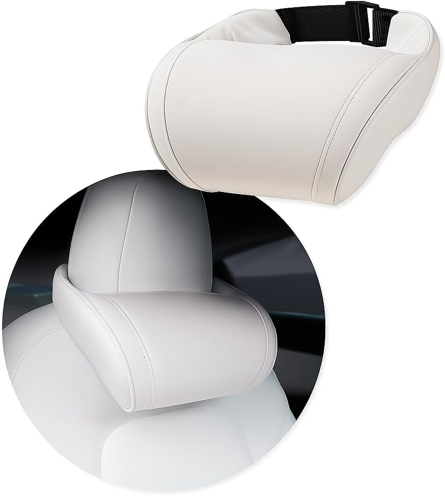Car Headrest Neck Pillow Support Memory Foam Ergonomic Design Accessory for Driving Seat Fatigue Relief Compatible with Model S X 3 Y & Cybertruck - 1 Piece B. White Ver. 1