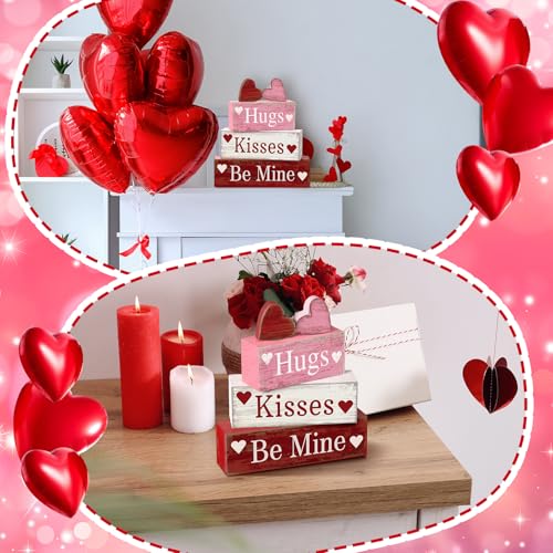 Image of Moucuny 4 Pcs Valentine's Day Table Decorations Wooden Heart Valentine Tiered Tray Decor Valentine Day Centerpiece Rustic Decorative Heart Block Signs Gift Farmhouse Valentines Decor for Home Kitchen