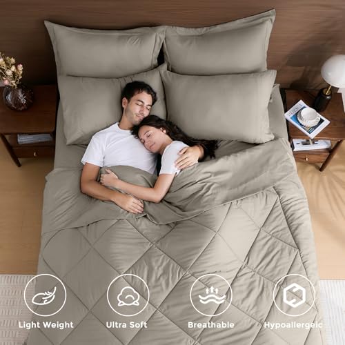 HEVUMYI Oatmeal Twin-XL Comforter Set - 5-Piece All Season Bed in a Bag Twin-XL, Ultra Soft Bedding Set with Comforter, Flat Sheet, Fitted Sheet, Pillowcases, Pillow Shams