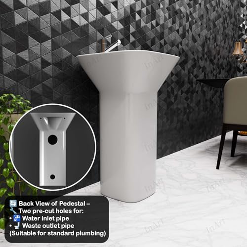 Image of InArt One Piece Ceramic Pedestal Free Standing SquareWash Basin for Living Room and Bathroom (17 x 17 x 32 Inch, White)